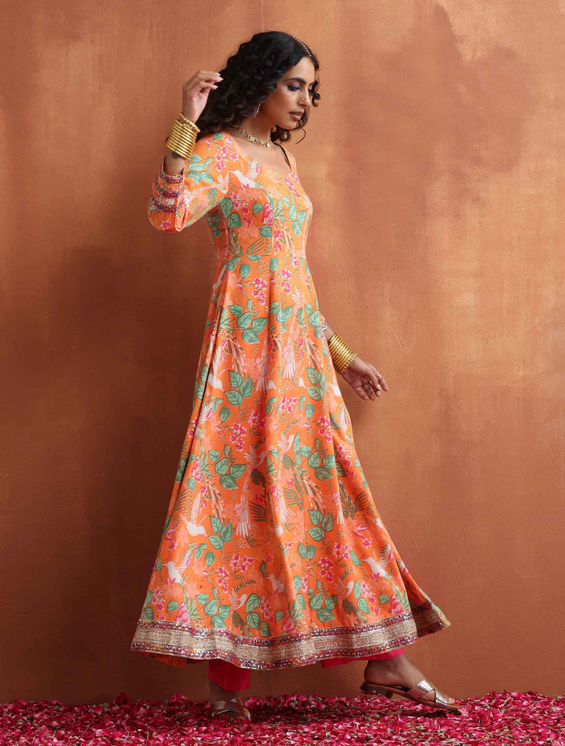 trueBrowns Orange Print Flared Anarkali Kurta Set