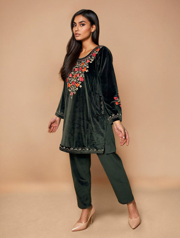 trueBrowns Olive Green Velvet Embroidered Co-ord Set