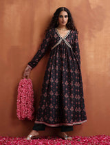 trueBrowns Black Print Flared Anarkali Kurta Set