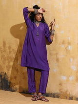 trueBrowns Purple Muslin Silk A-line Kurta Co-ord Set