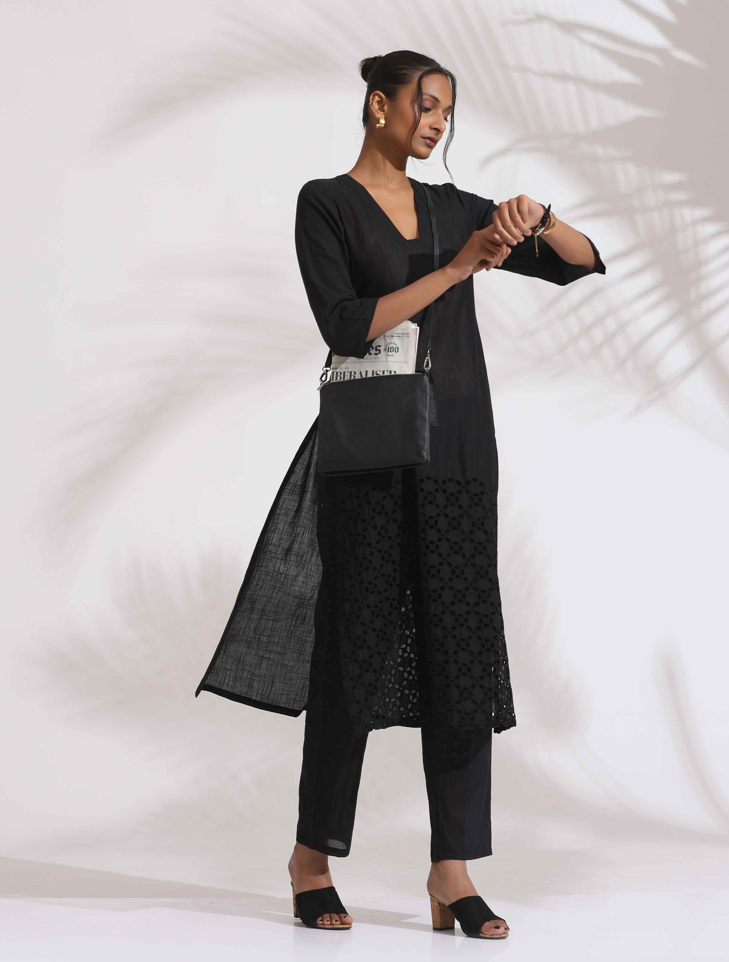 trueBrowns Black Cotton Schiffli Kurta Set