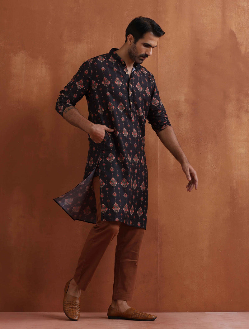 trueBrowns Men's Black Printed Kurta