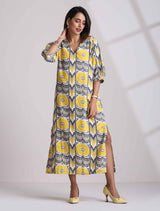 trueBrowns Yellow Cotton Ikat Slit Dress