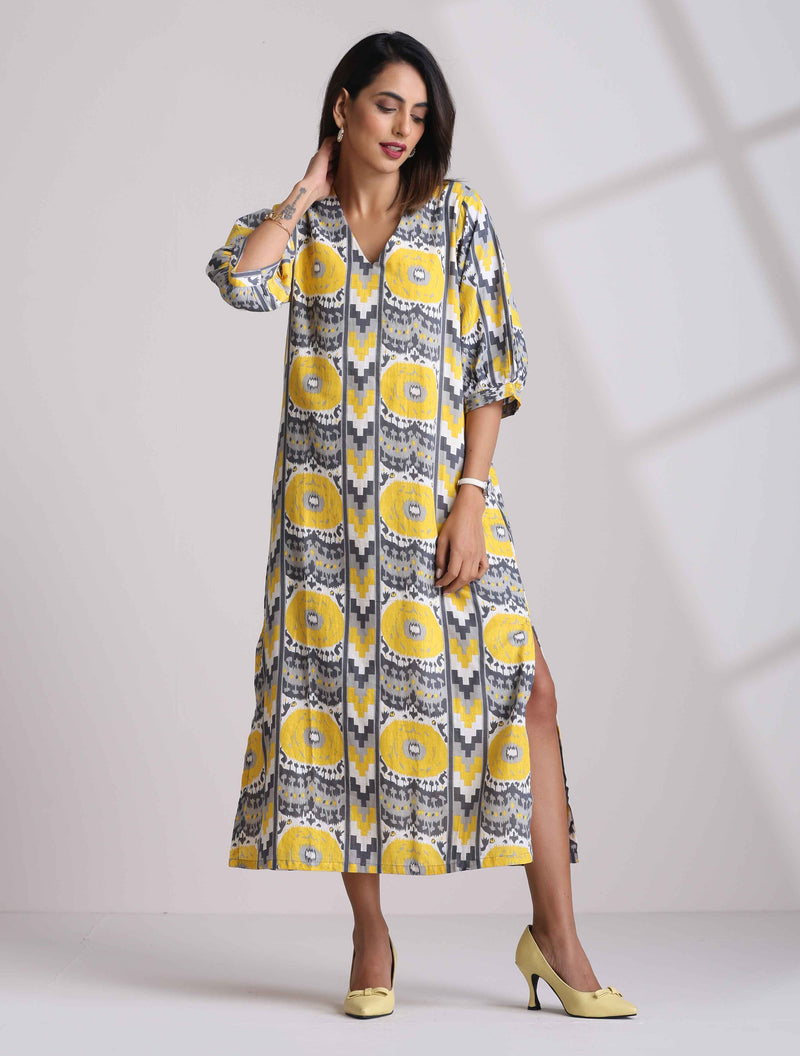 trueBrowns Yellow Cotton Ikat Slit Dress