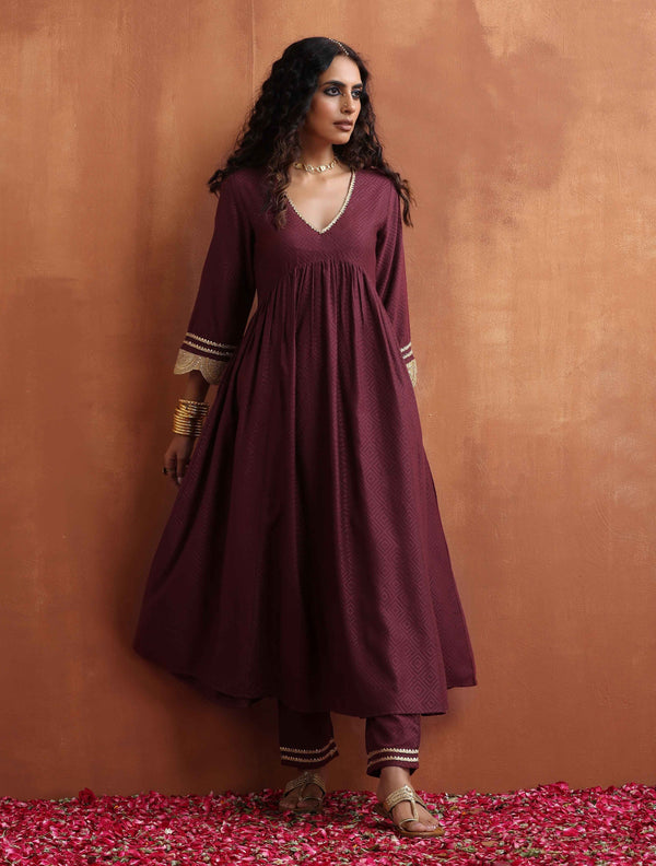 trueBrowns Maroon Flared Anarkali Kurta Set