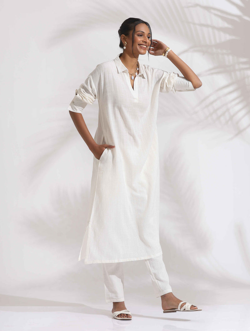 trueBrowns White Cotton A-line Kurta Set