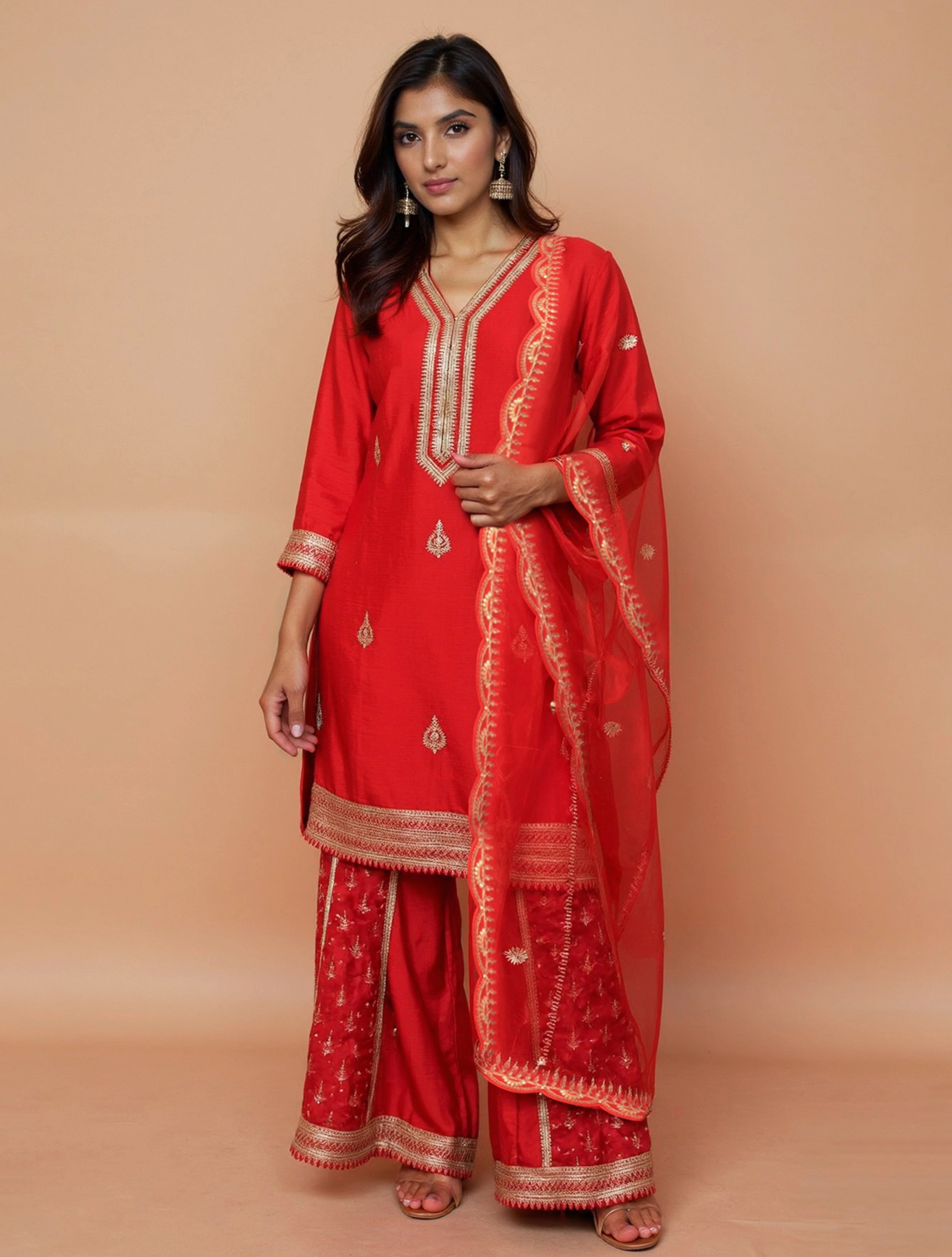 trueBrowns Red All Over Embroidered Straight Kurta With Palazzo Dupatta Set