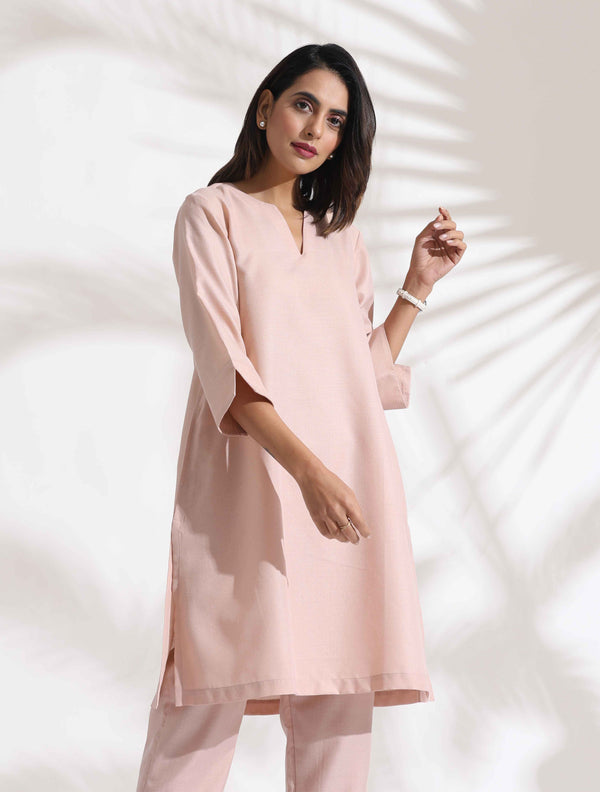 trueBrowns Light Pink Slub Kurta Co-ord Set