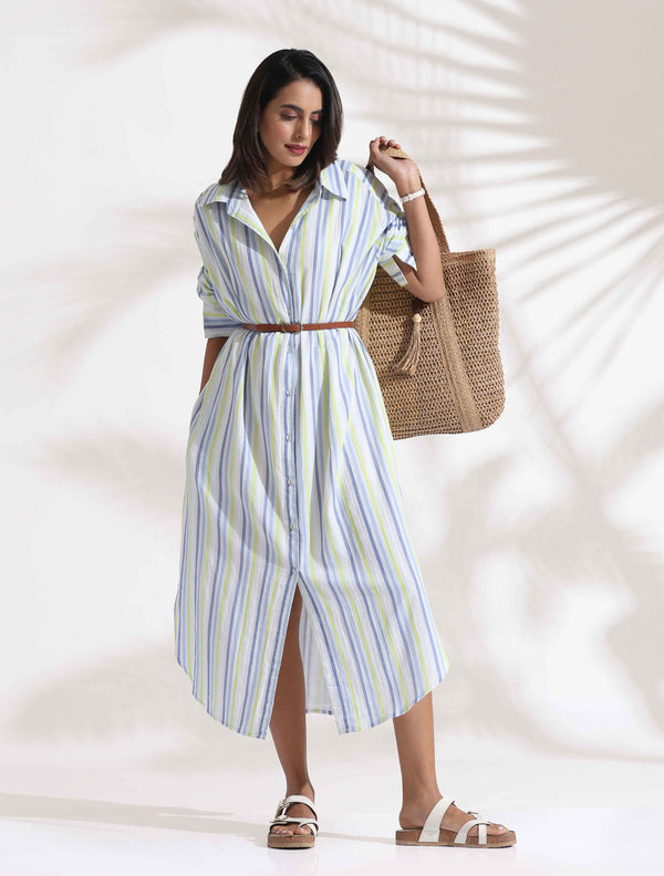 trueBrowns White Cotton Multi Stripe Shirt Dress