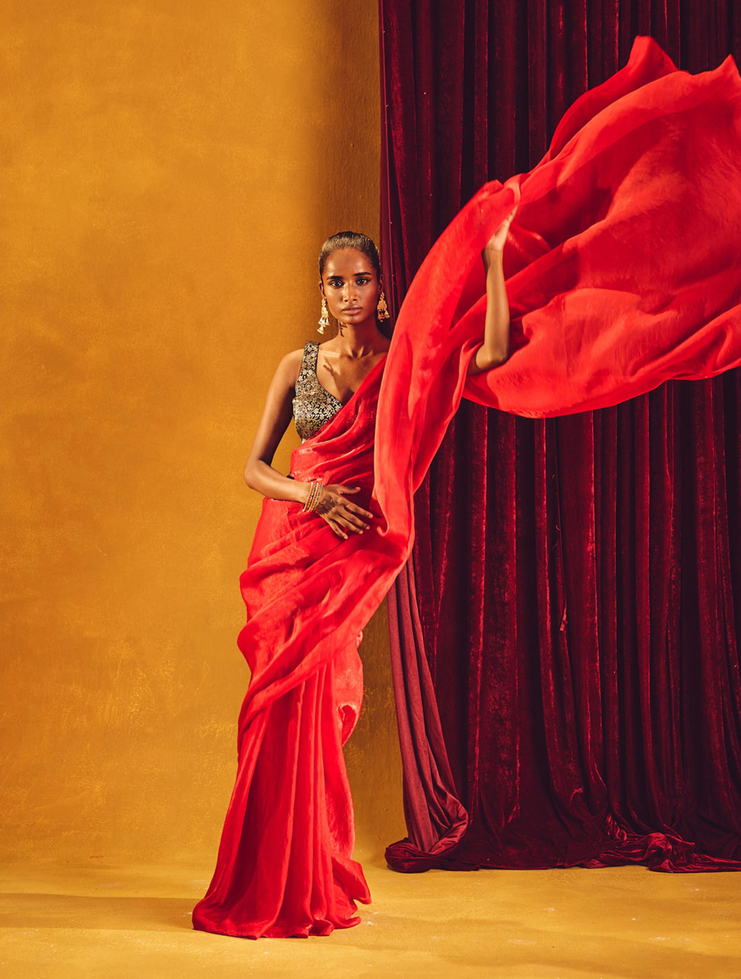 trueBrowns Red Tissue Saree With Unstitched Blouse