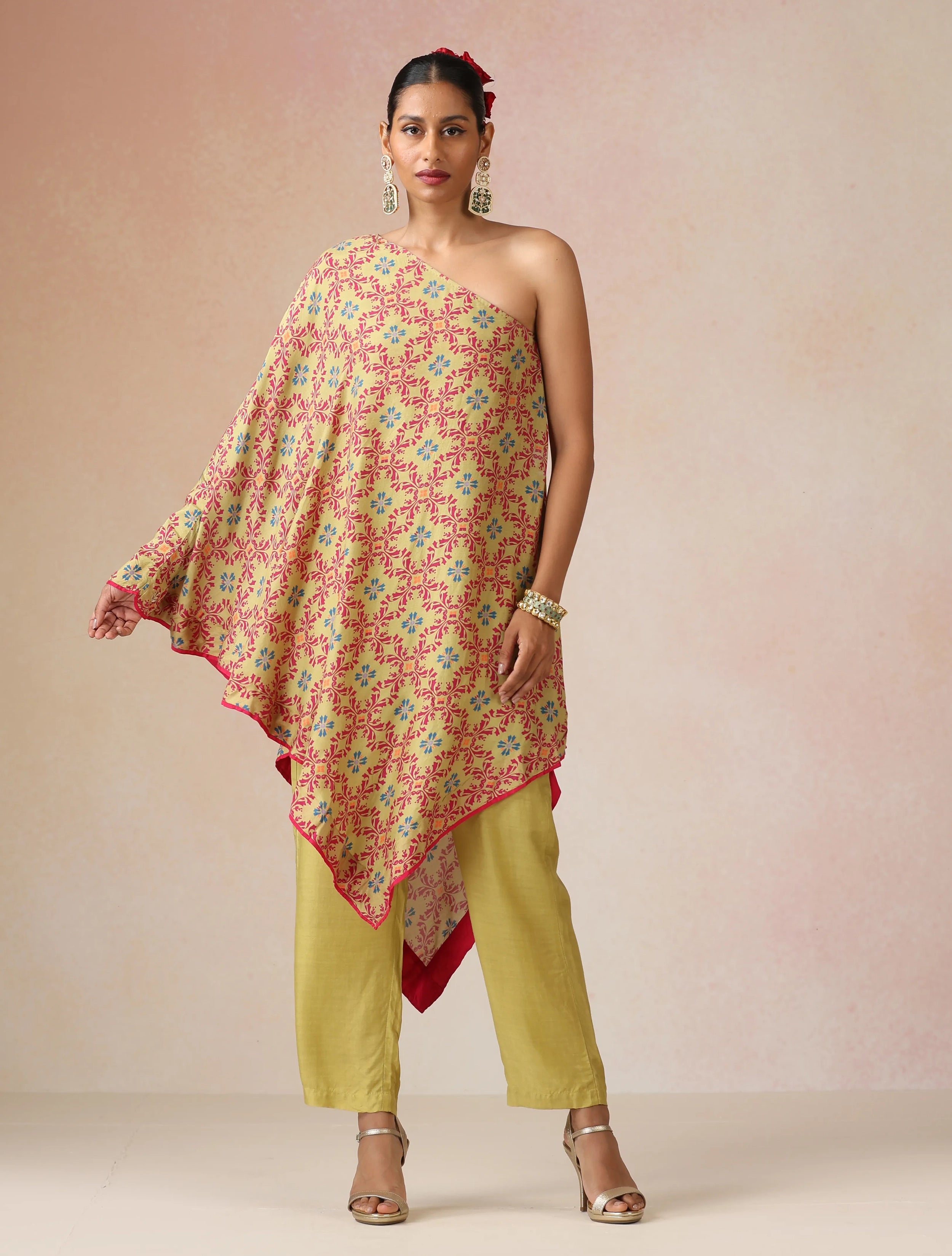 trueBrowns Light Green Pink Jaal Print Viscose Asymmetric One-Shoulder Kurta Co-ord Set