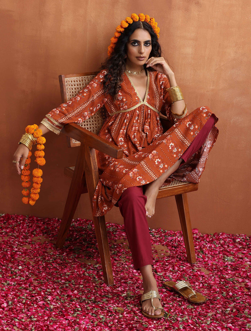 trueBrowns Orange Print Anarkali Kurta Co-ord Set