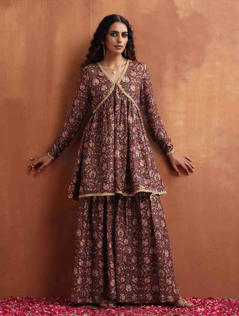 trueBrowns Brown Print Sharara Set