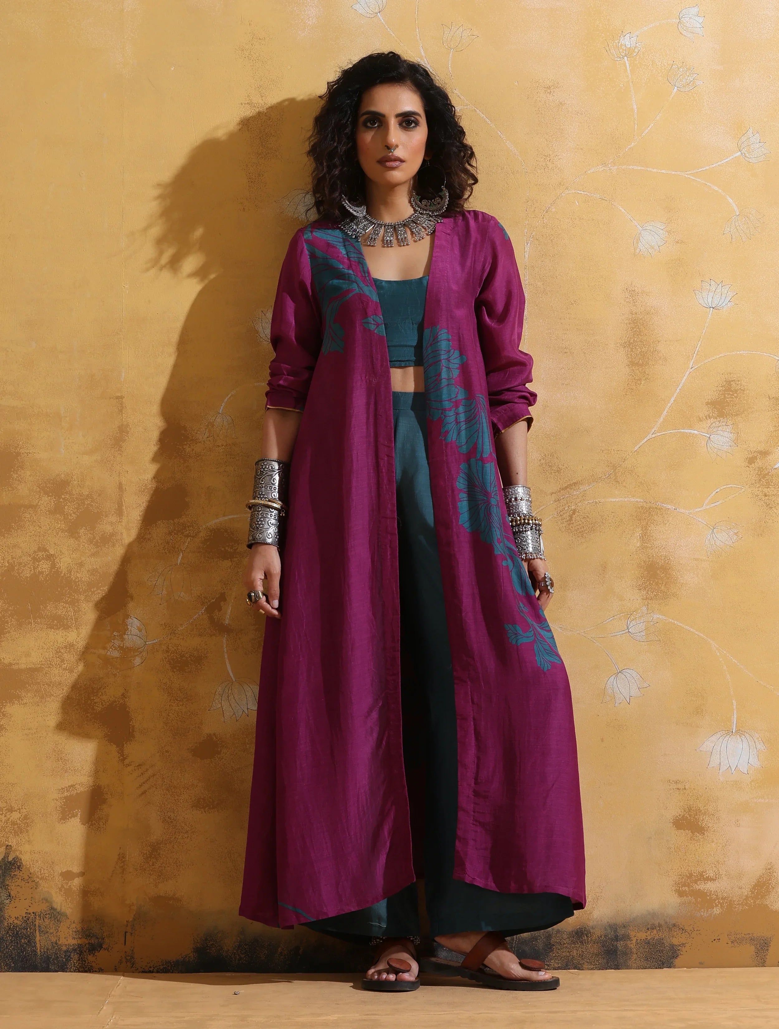 trueBrowns Purple Teal Print Muslin Silk Jacket Set