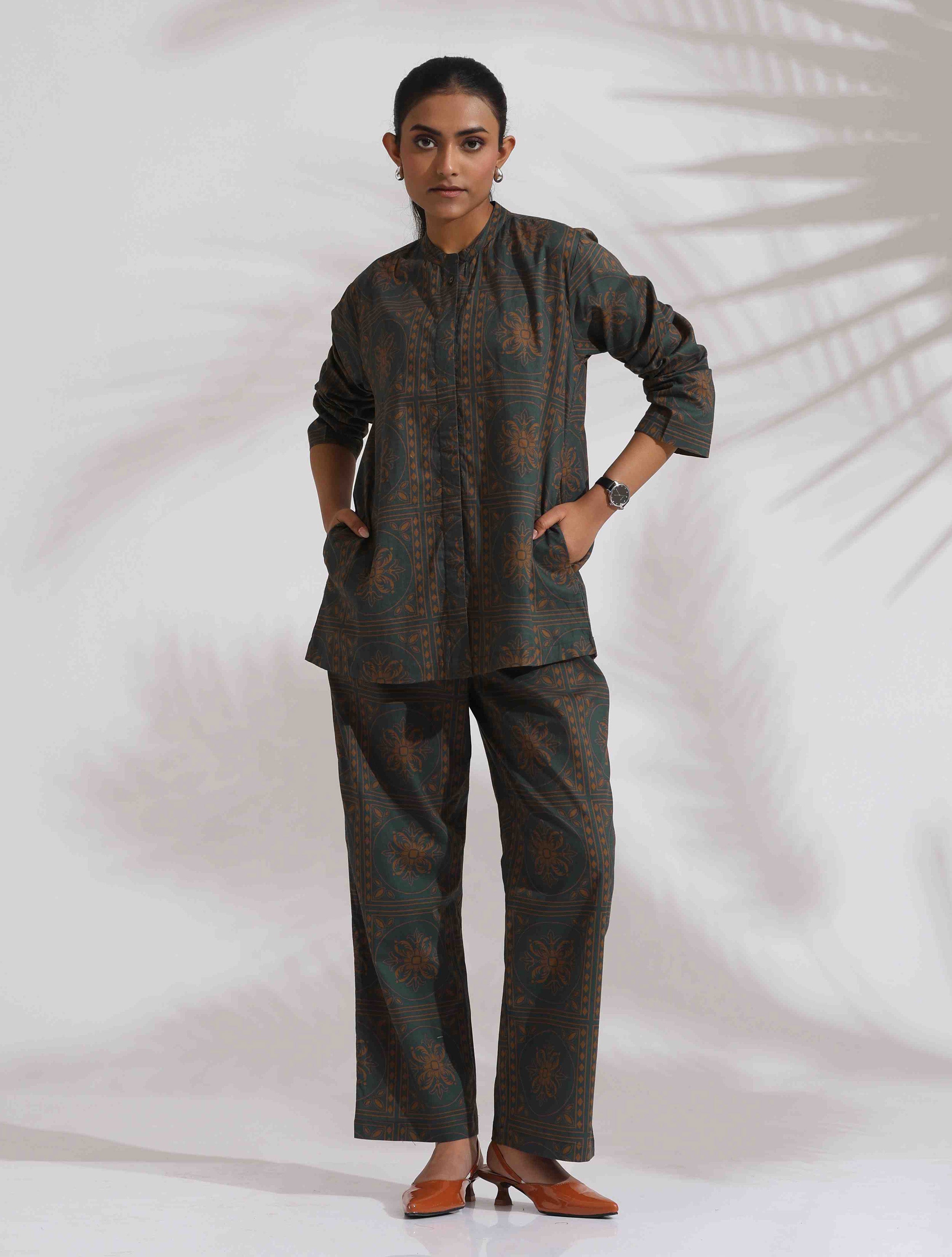 trueBrowns Green Cotton Print Shirt Top & Pants Co-ord Set