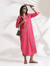 trueBrowns Pink Cotton Print A-line Dress