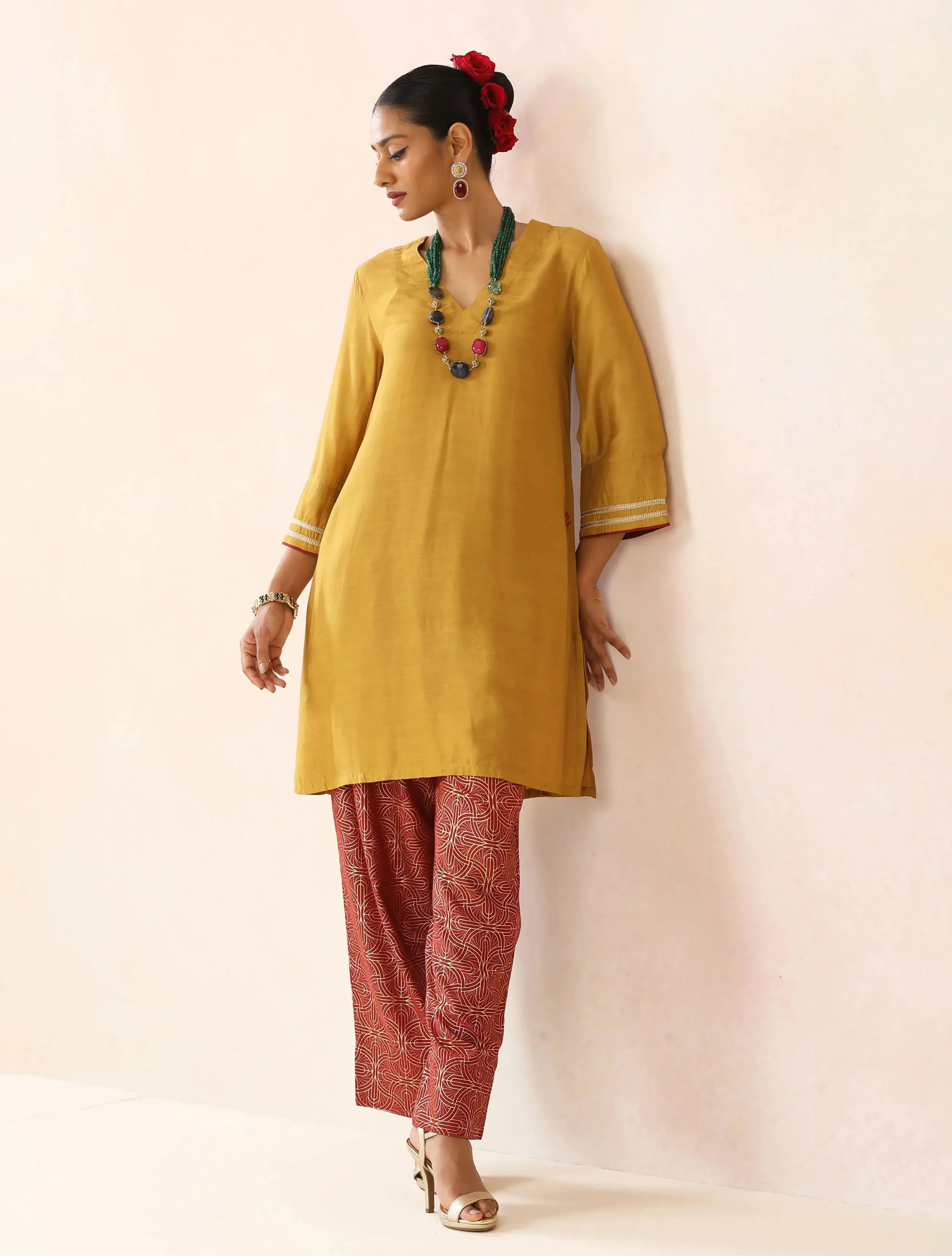 trueBrowns Mustard Gold Foil Print Muslin Silk Kurta Farsi Pants Set