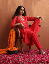 trueBrowns Red Print A-line Kurta Set