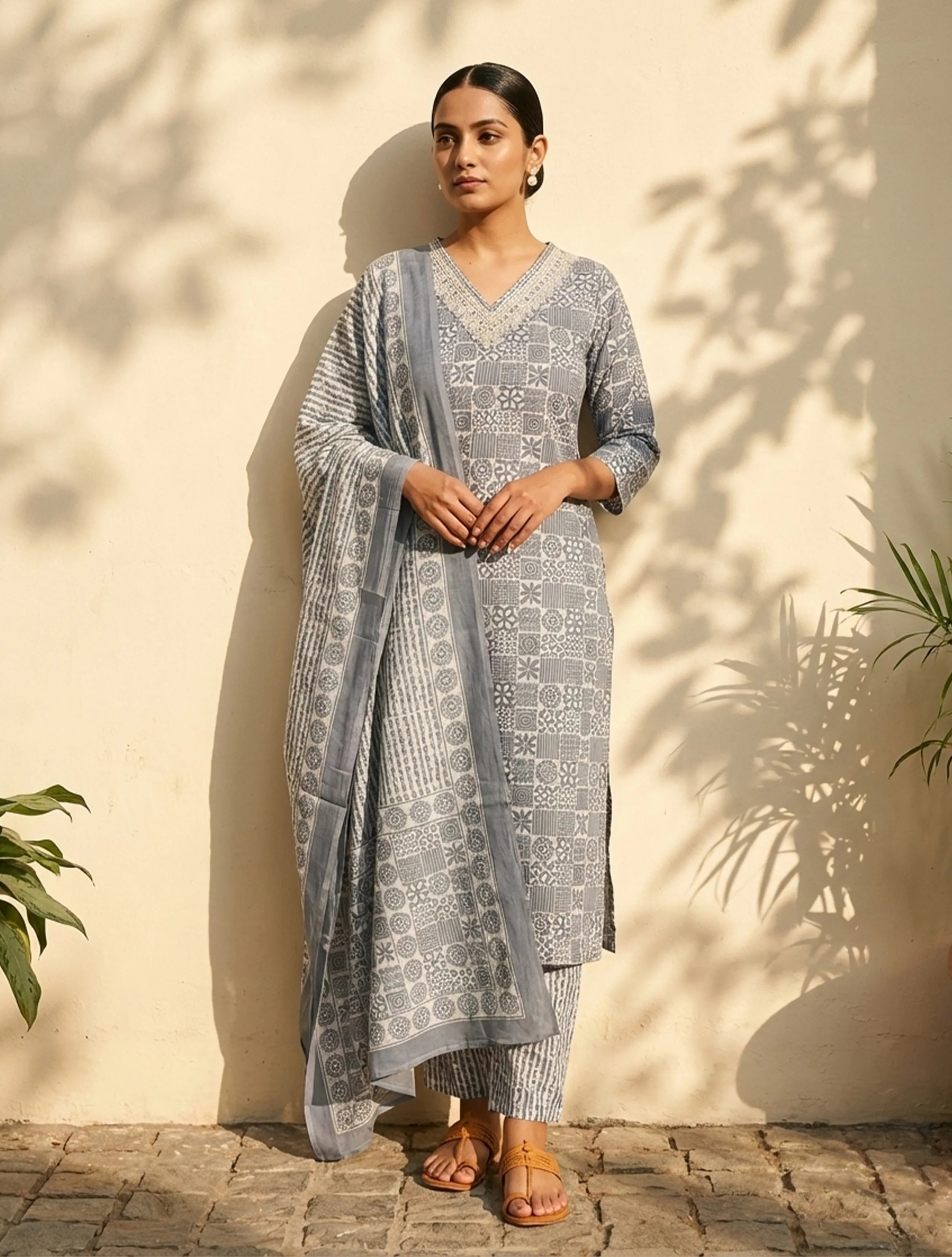 trueBrowns Grey Print Embroidered Straight Kurta Pant Dupatta Set