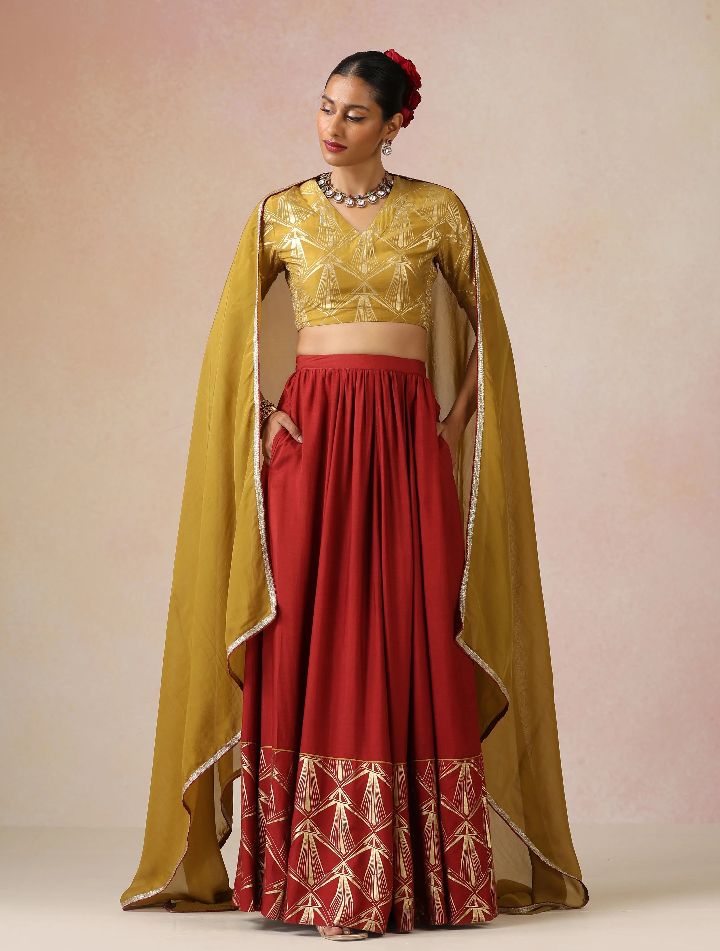 trueBrowns Mustard Gold Foil Print Muslin Silk Blouse Skirt Dupatta Set