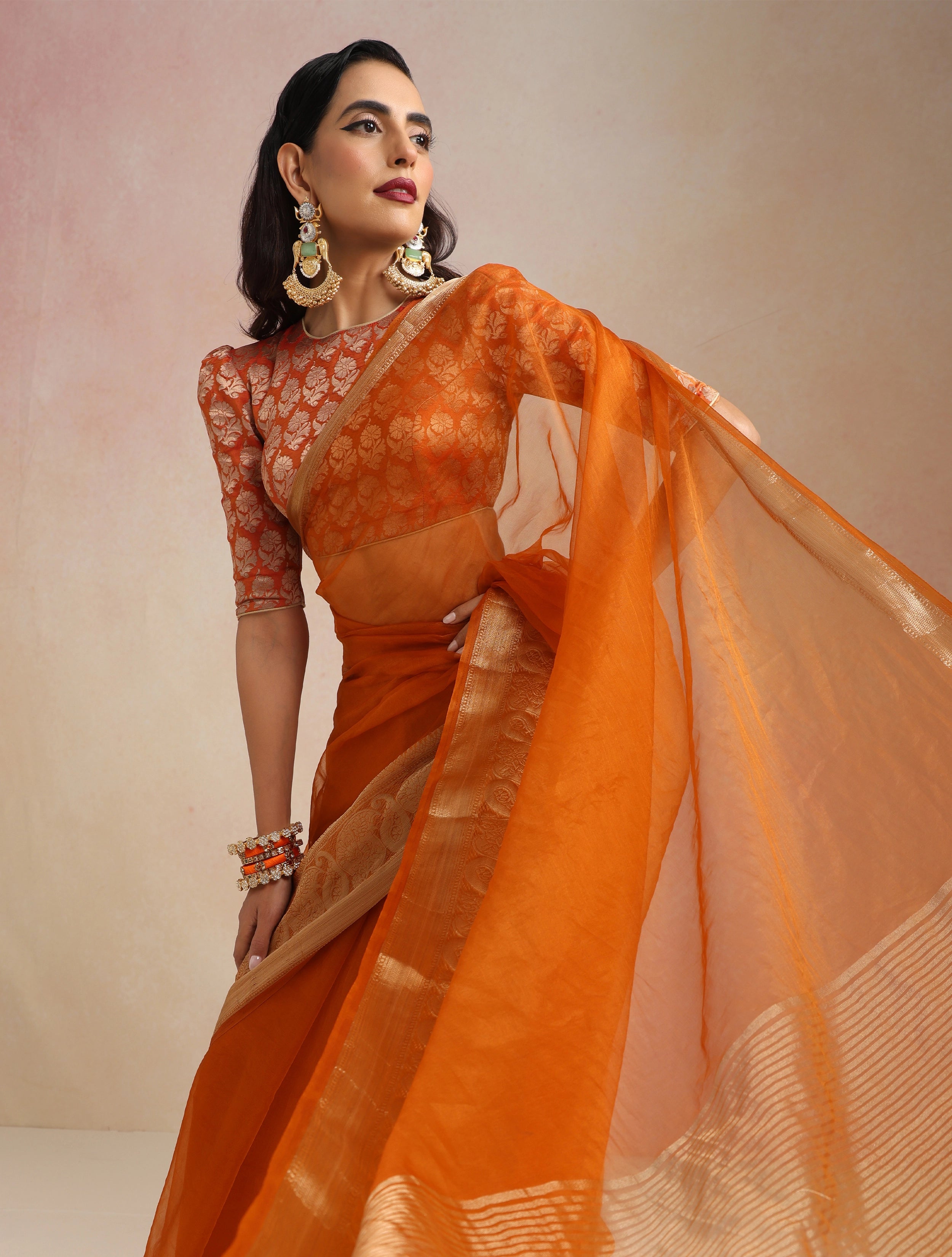 trueBrowns Rust Organza Saree With Unstitched Blouse