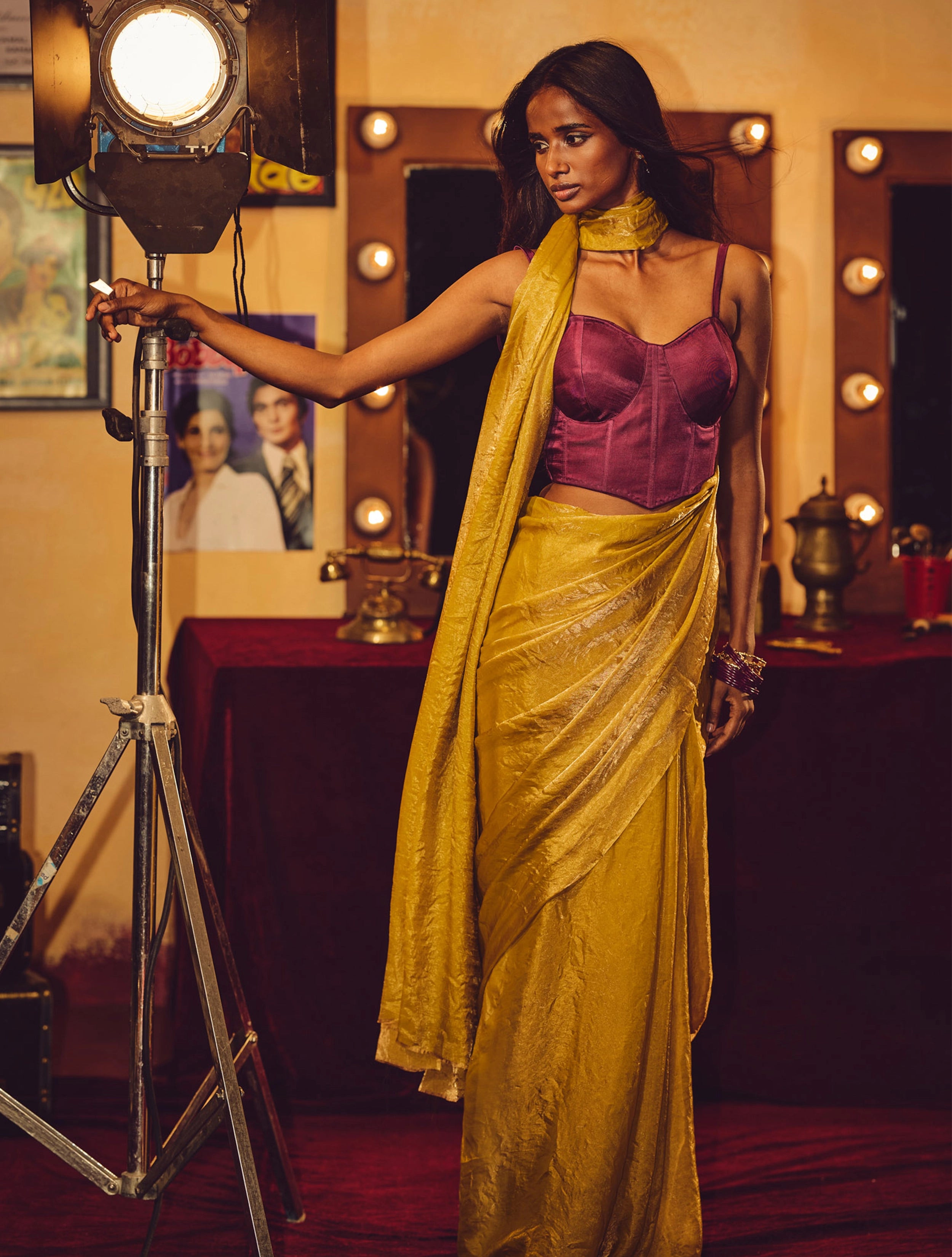 trueBrowns Gold Tissue Saree With Unstitched Blouse