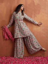 trueBrowns Off White Geometric Print Sharara Set