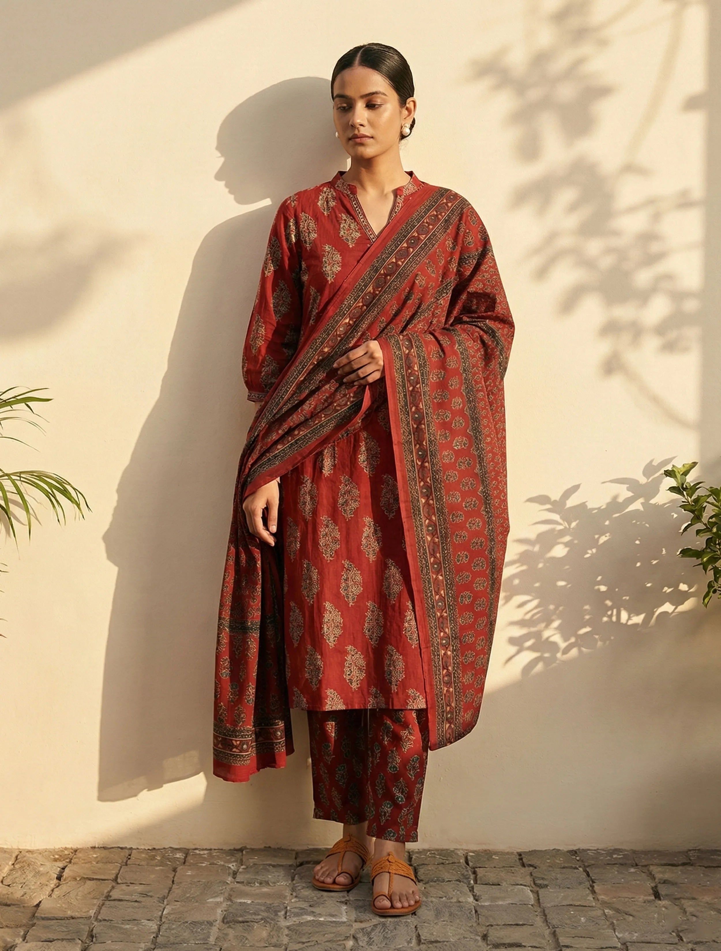 trueBrowns Rust Boota Print Angrakha Kurta Pant Dupatta Set