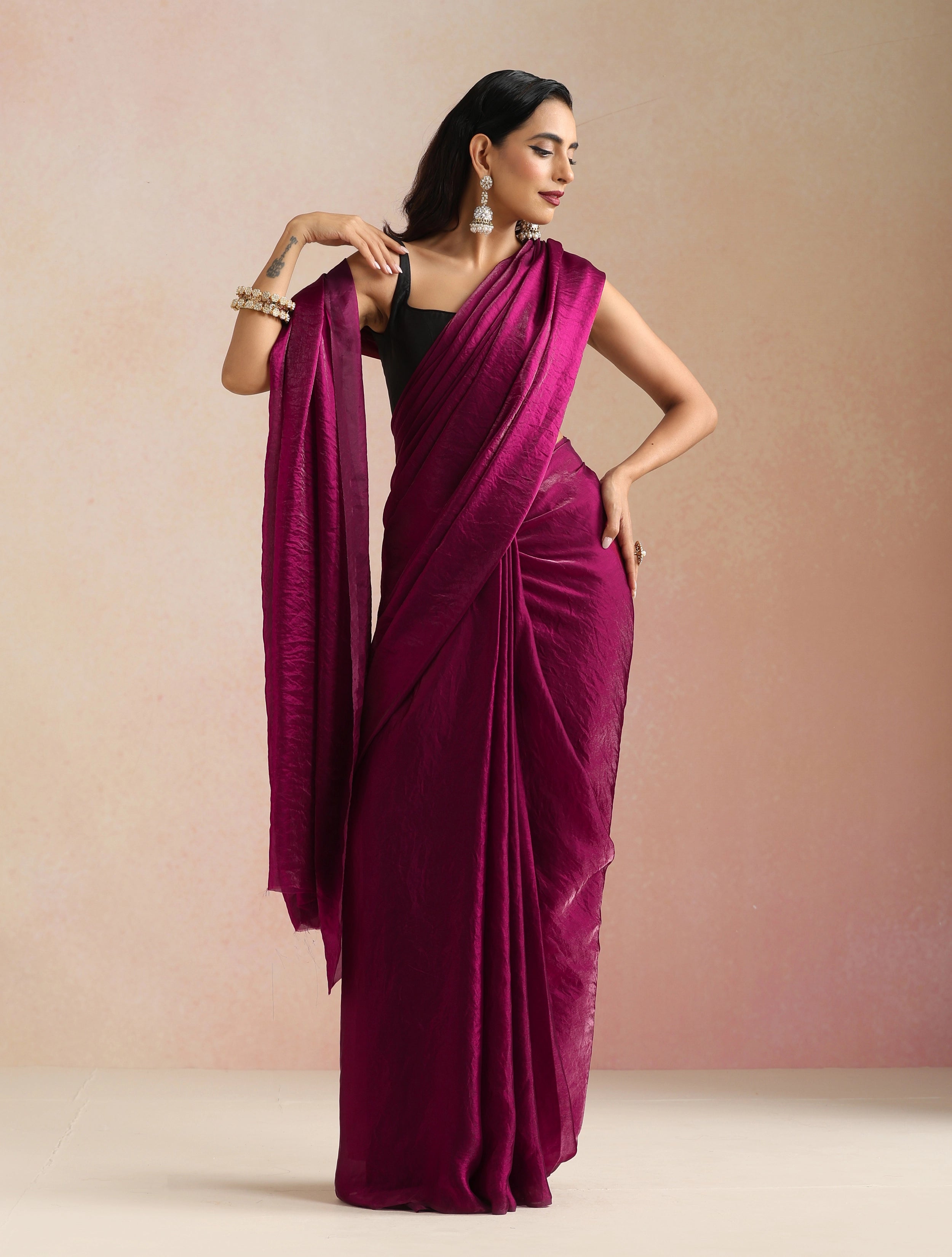trueBrowns Wine Tissue Saree With Unstitched Blouse
