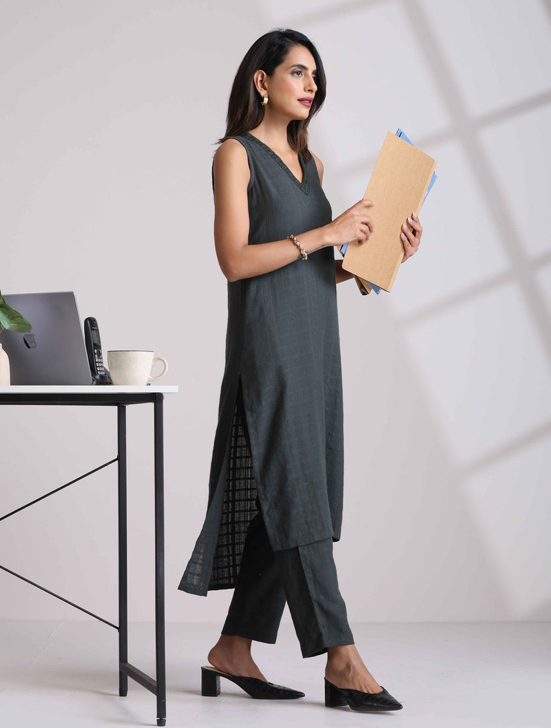 trueBrowns Dark Olive Green Cotton Dobby Kurta Set