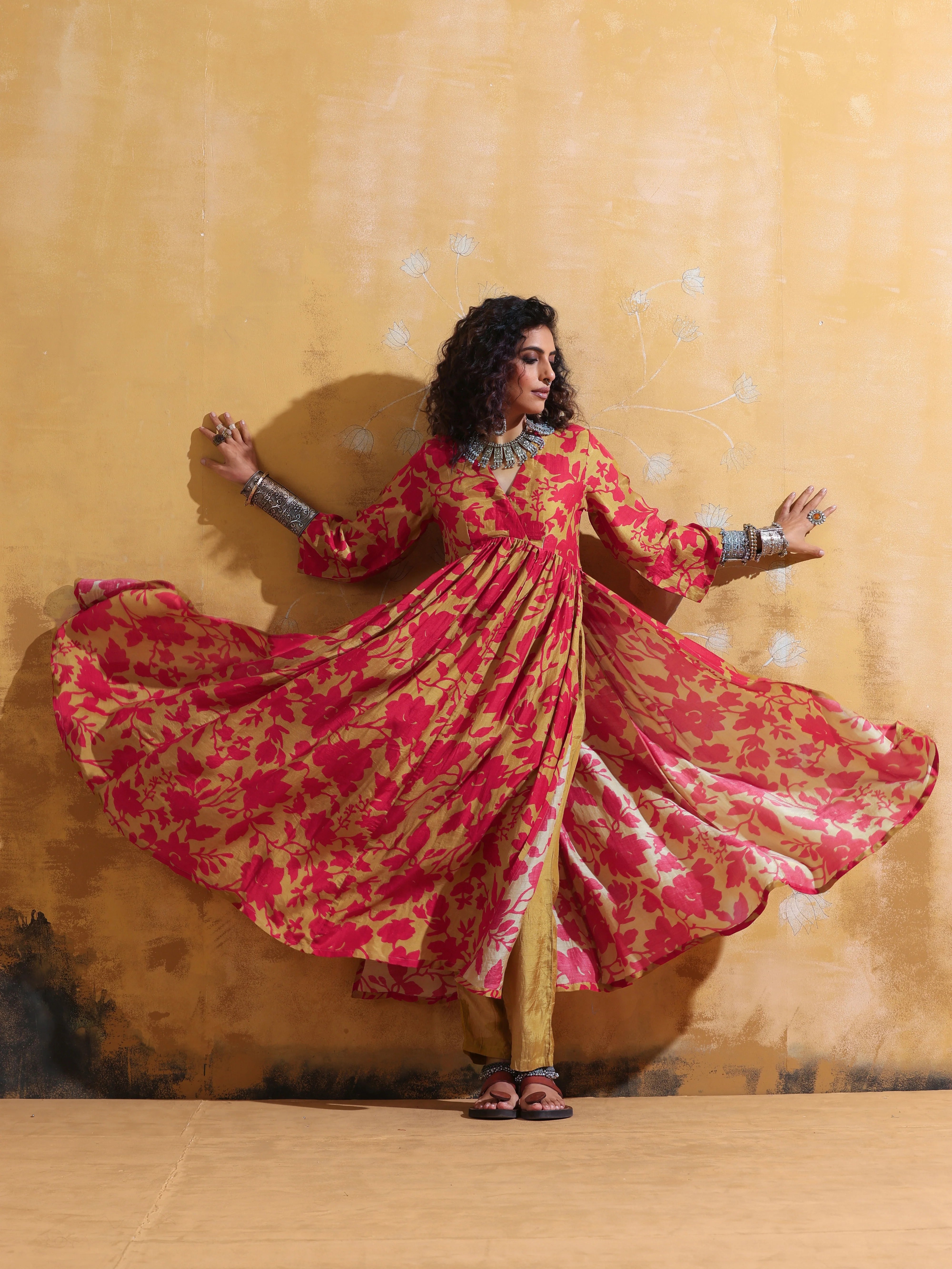 trueBrowns Red Mustard Jaal Print Muslin Silk Anarkali Kurta Set