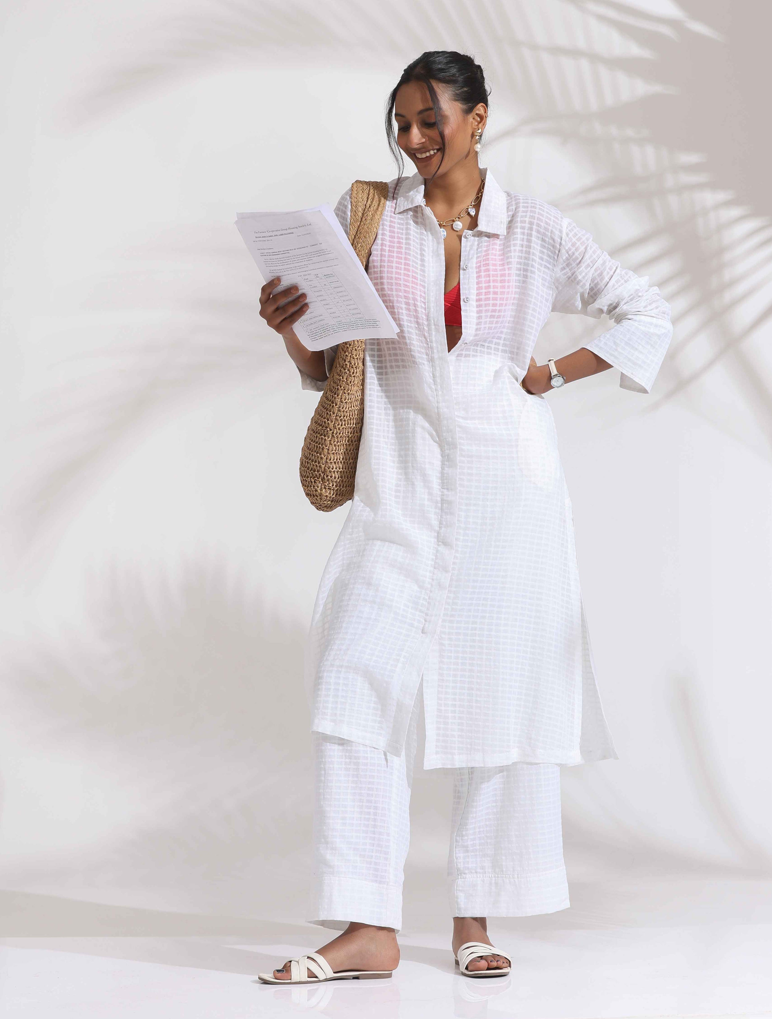 trueBrowns White Check Cotton Kurta Set