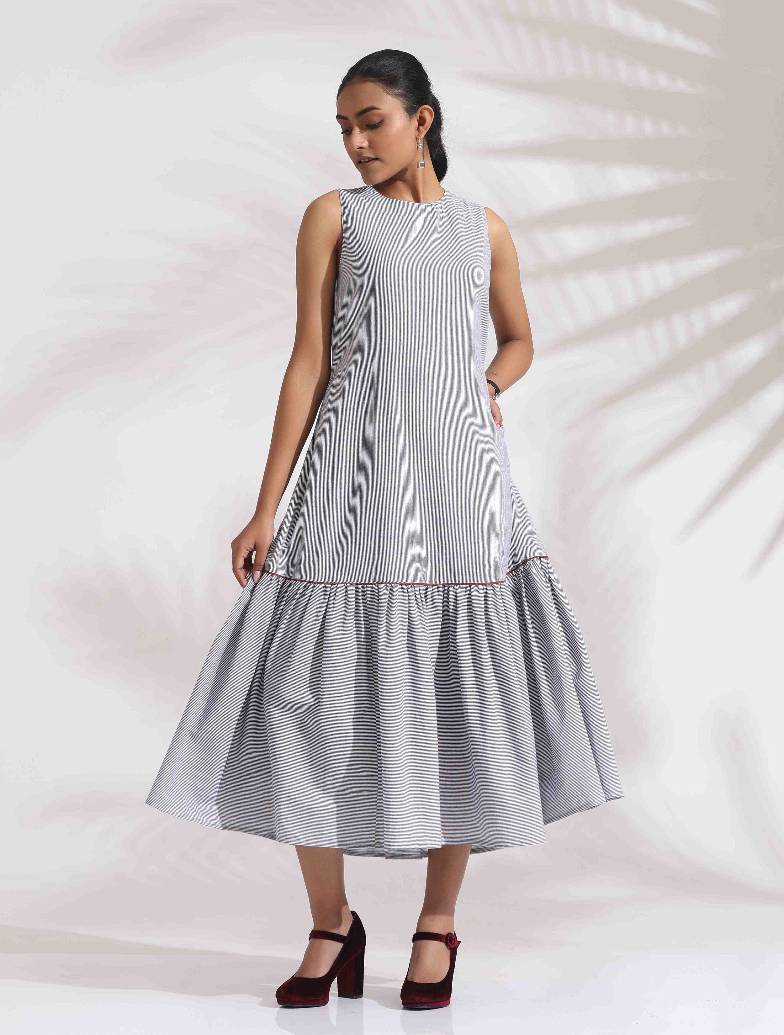 trueBrown Grey Cotton Stripe Tier Dress