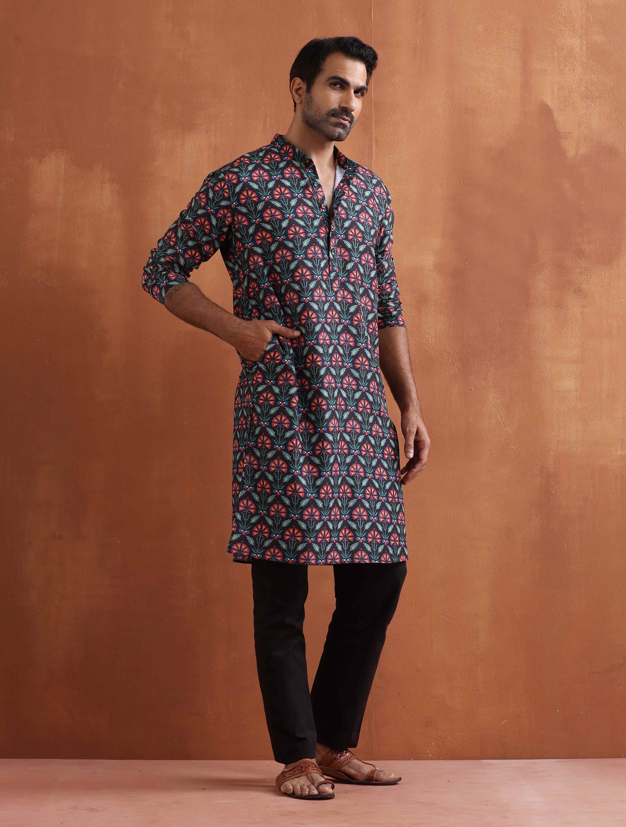 trueBrowns Men's Black Floral Printed Kurta