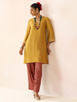 trueBrowns Mustard Gold Foil Print Muslin Silk Kurta Farsi Pants Set