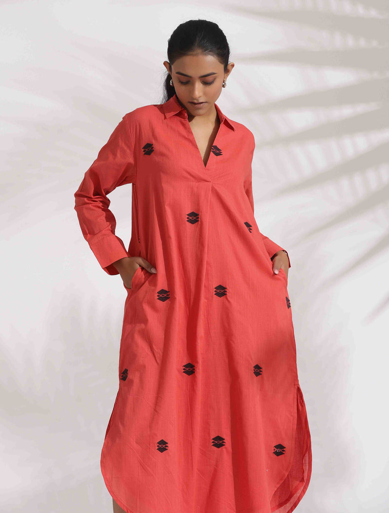 trueBrowns Orange Cotton Embroidered Flared Dress