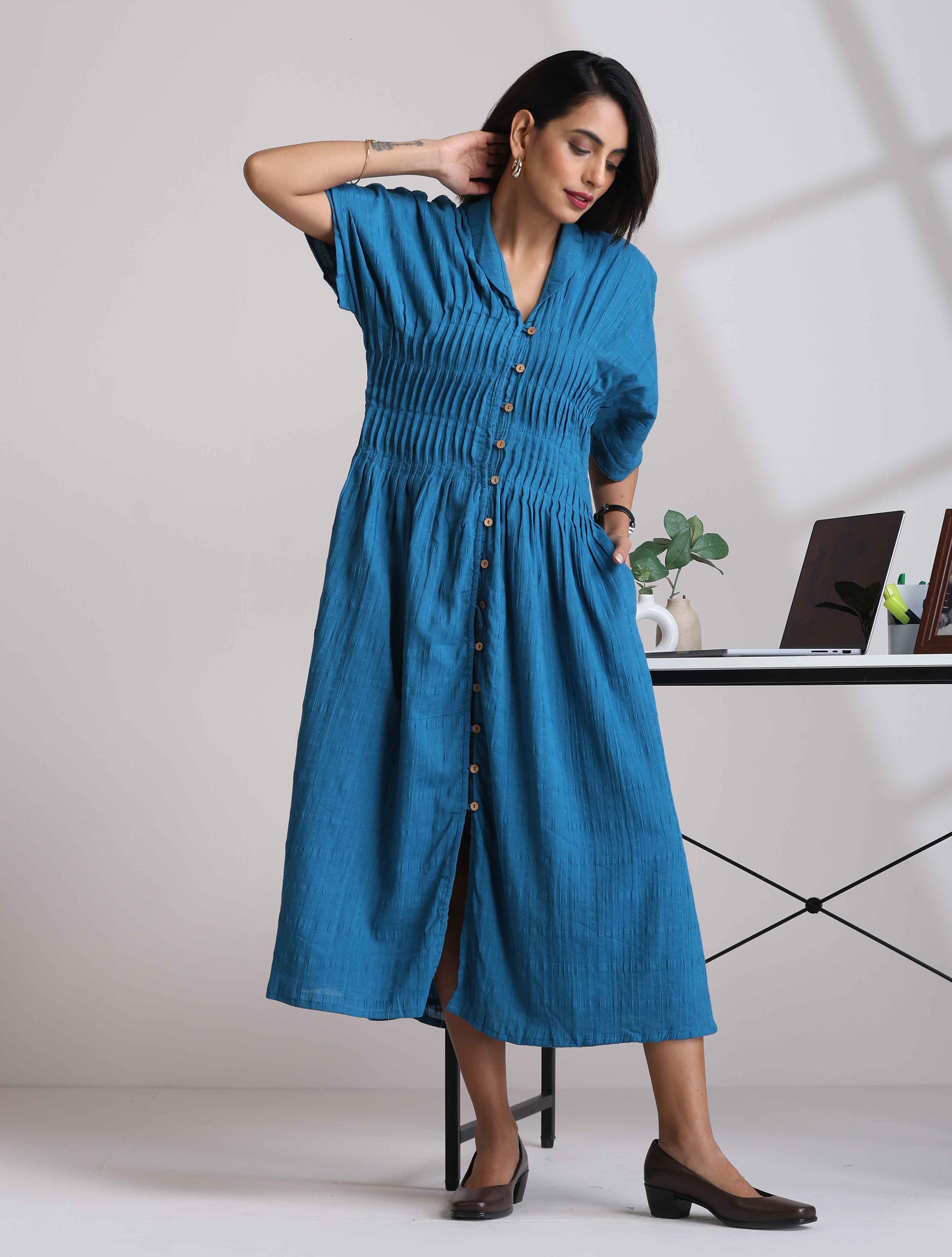 trueBrowns Blue Cotton Dobby Dress