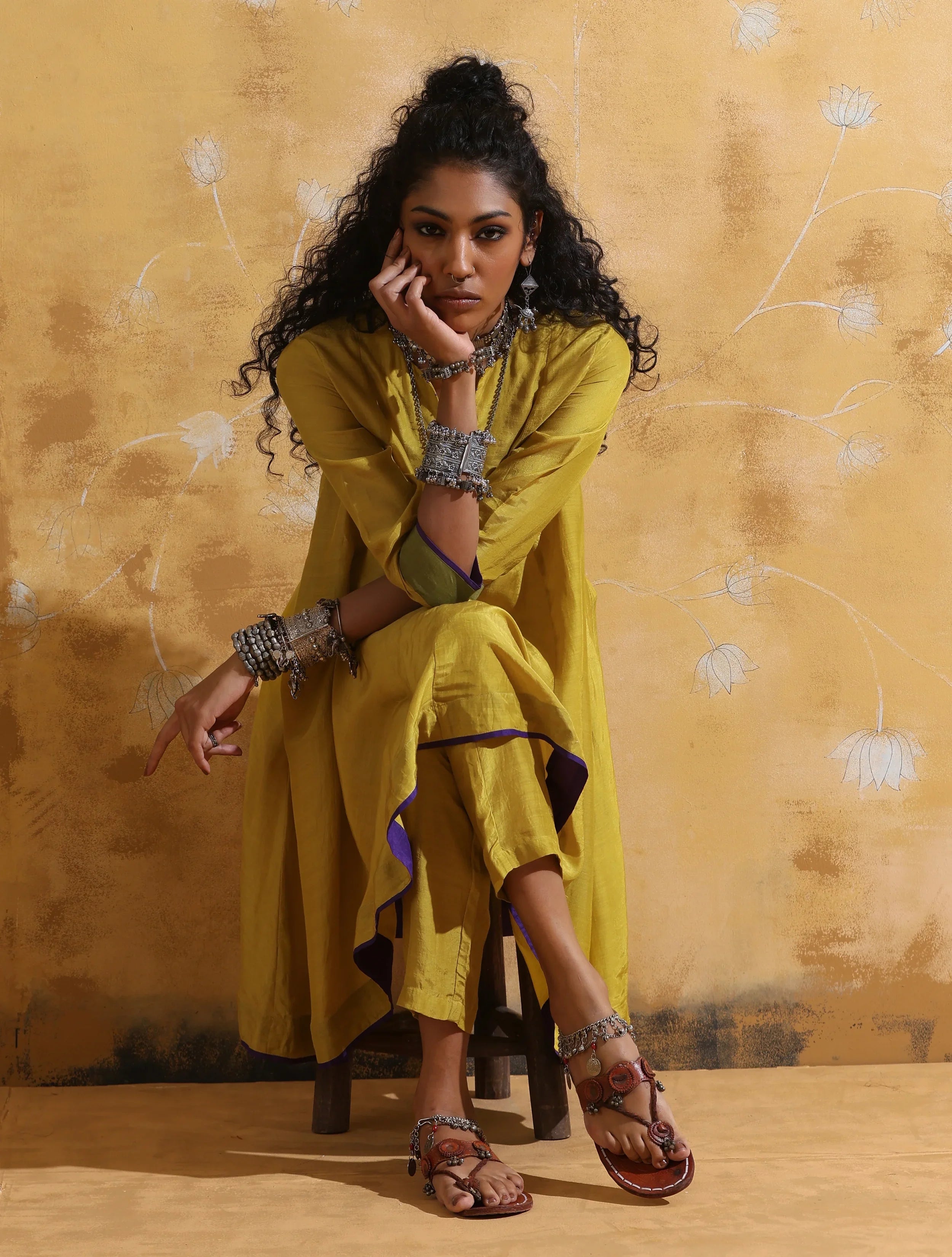 trueBrowns Lime Muslin Silk Flared Kurta Co-ord Set