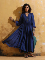 trueBrowns Blue Muslin Silk Anarkali Kurta Pant Set