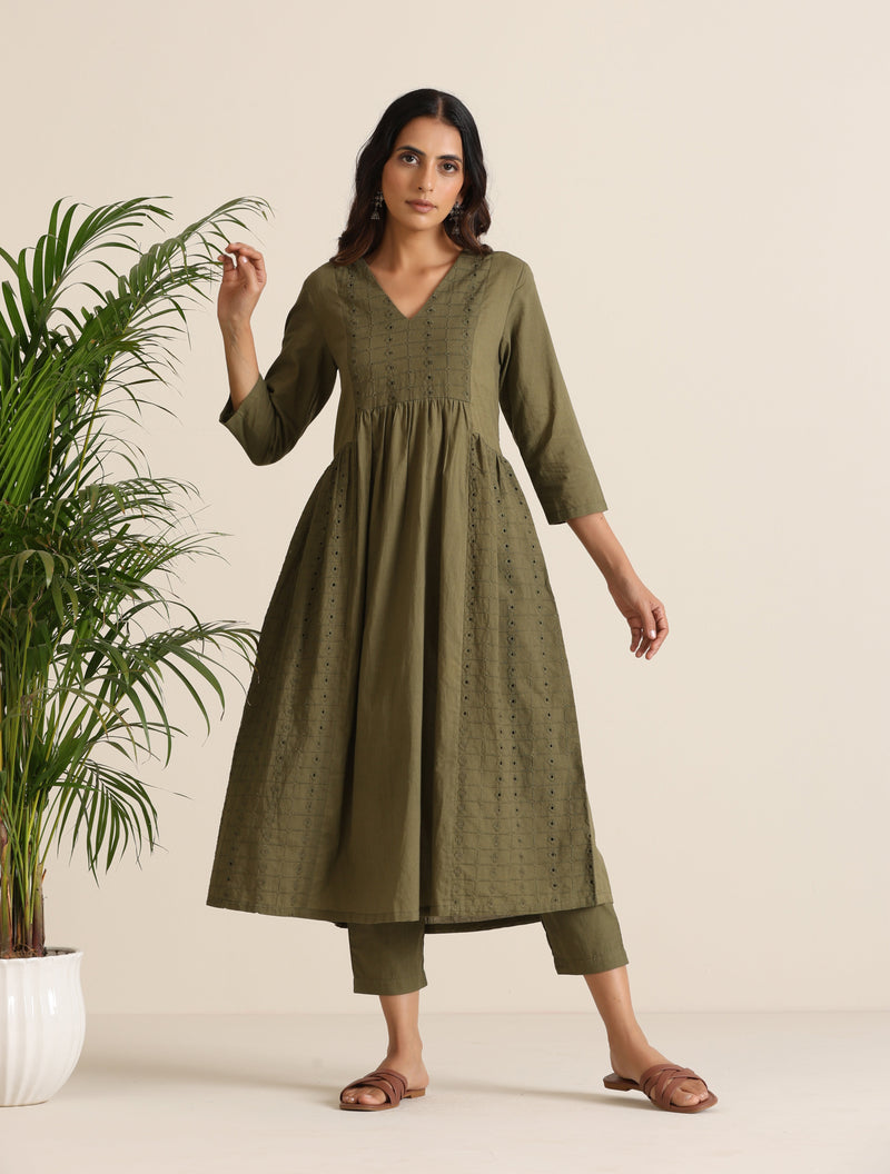 trueBrowns Olive Cotton Cutwork Embroidered Kurta Set