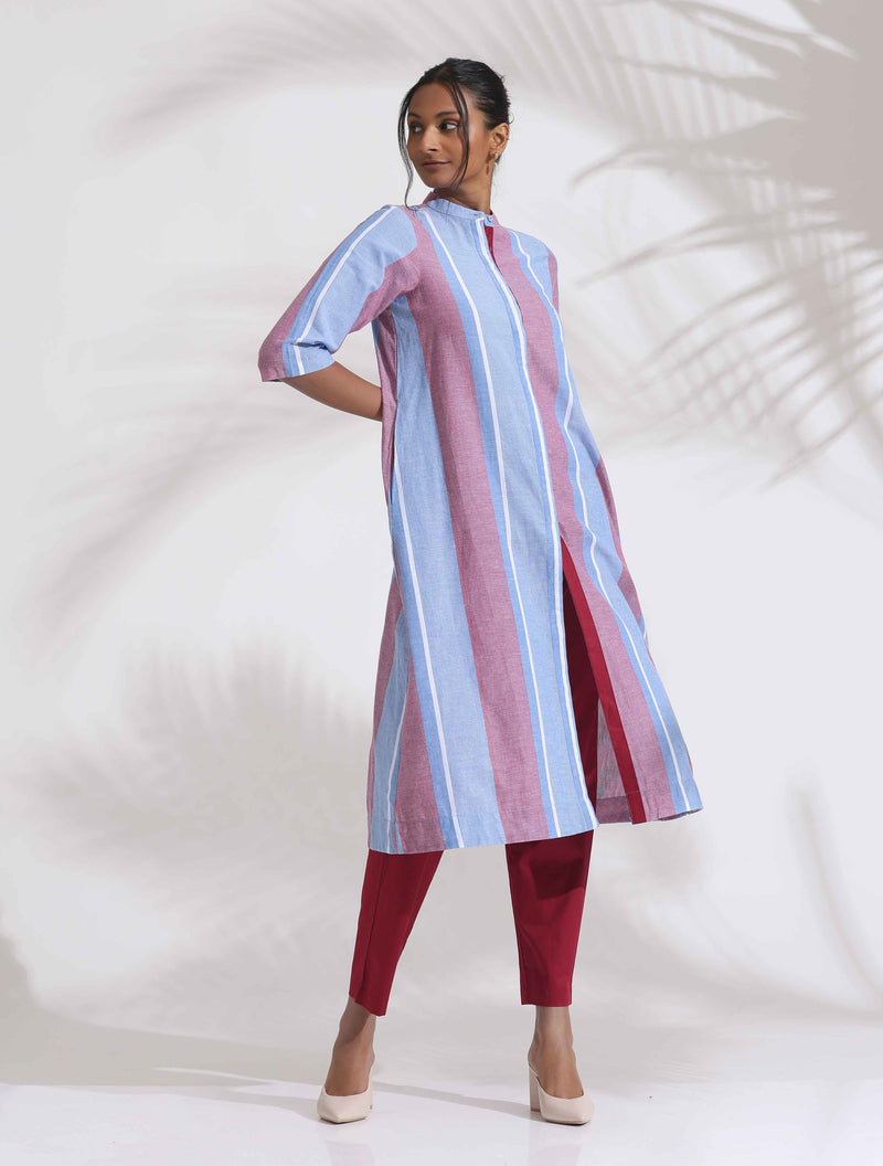 trueBrowns Blue Cotton Stripe Straight Kurta Set