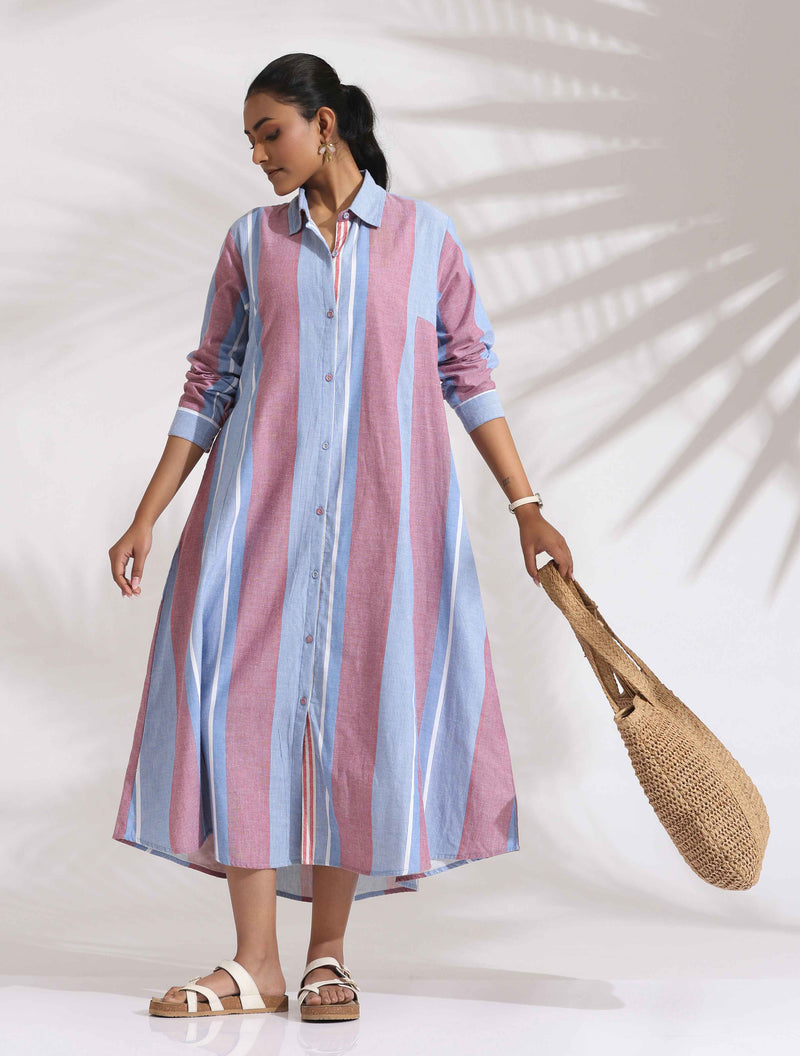 trueBrowns Blue Cotton Stripe Flared Shirt Dress