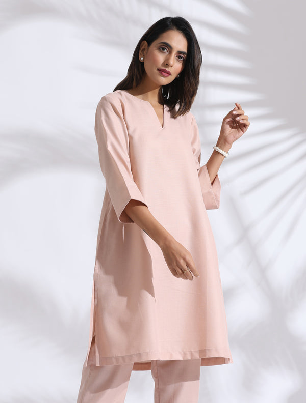 trueBrowns Light Pink Slub Kurta Co-ord Set