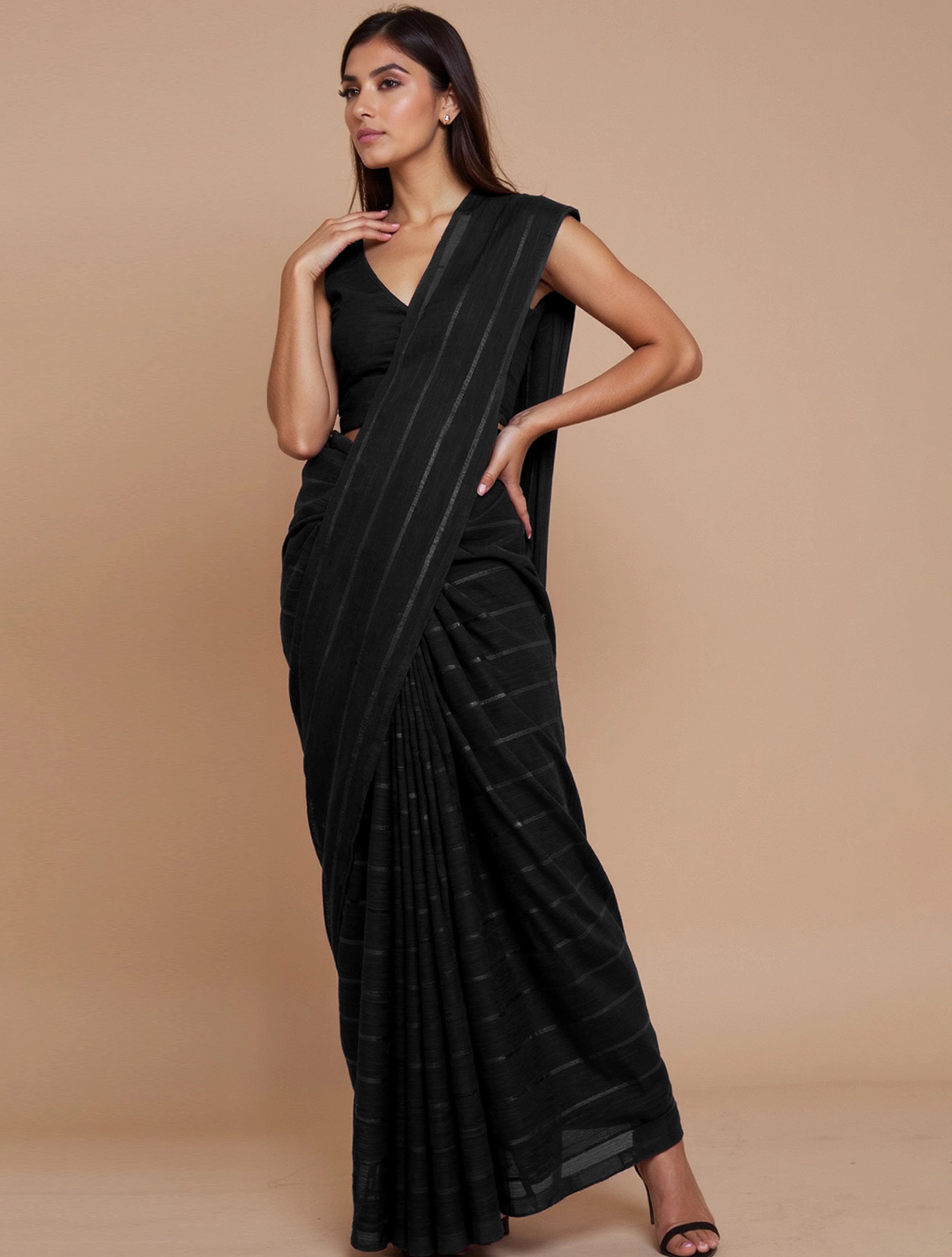 trueBrowns Black Stripe Saree With Unstitched Blouse