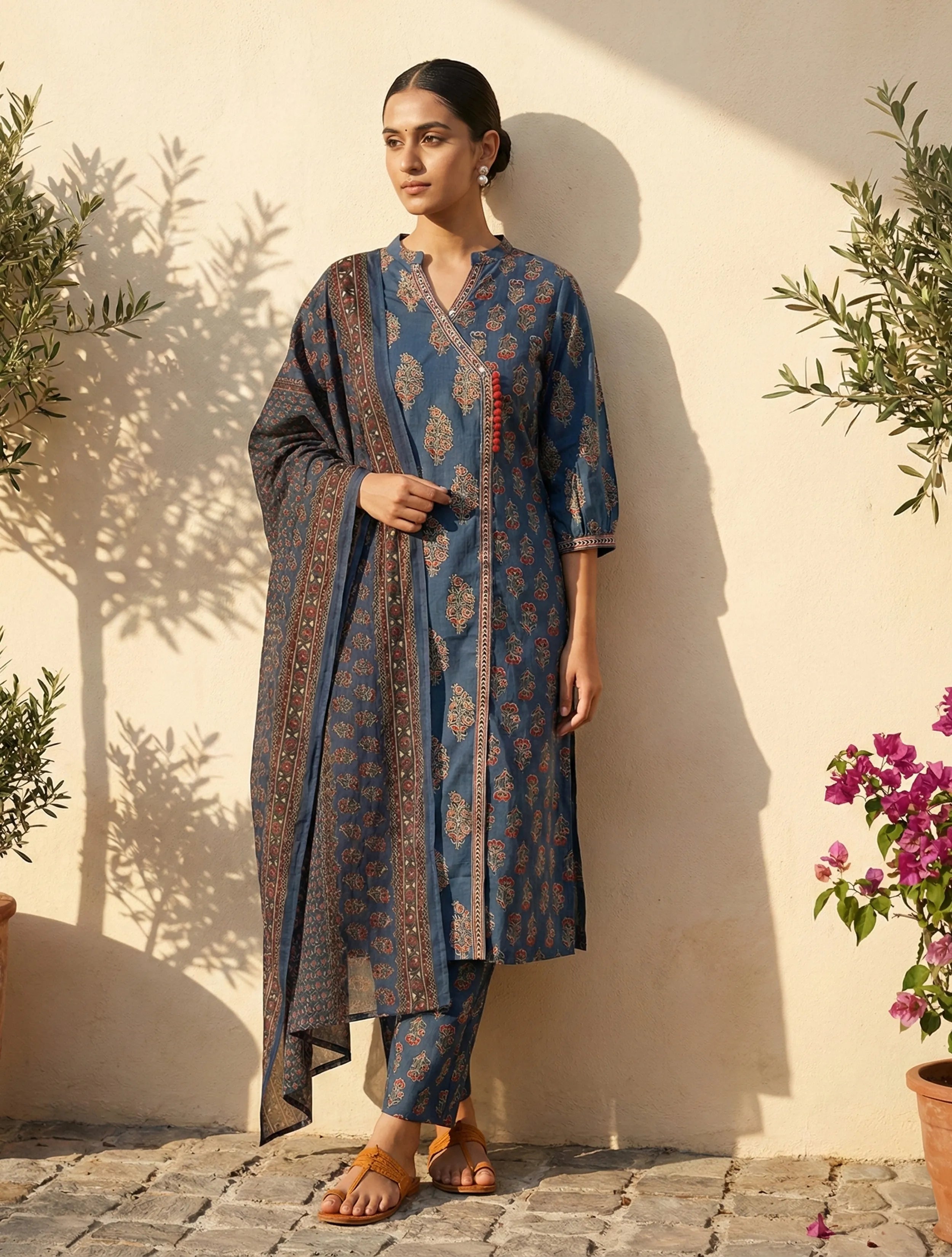 trueBrowns Blue Boota Print Angrakha Kurta Pant Dupatta Set