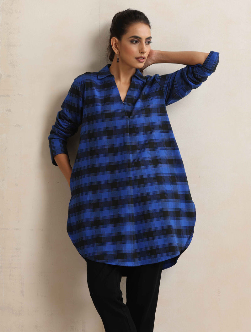 trueBrowns Blue Check Pleated Winter Top