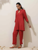 trueBrowns Maroon Viscose Solid Co-ord Set
