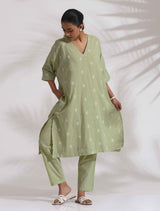 trueBrowns Green Cotton Floral Embroidered Kurta Co-ord Set