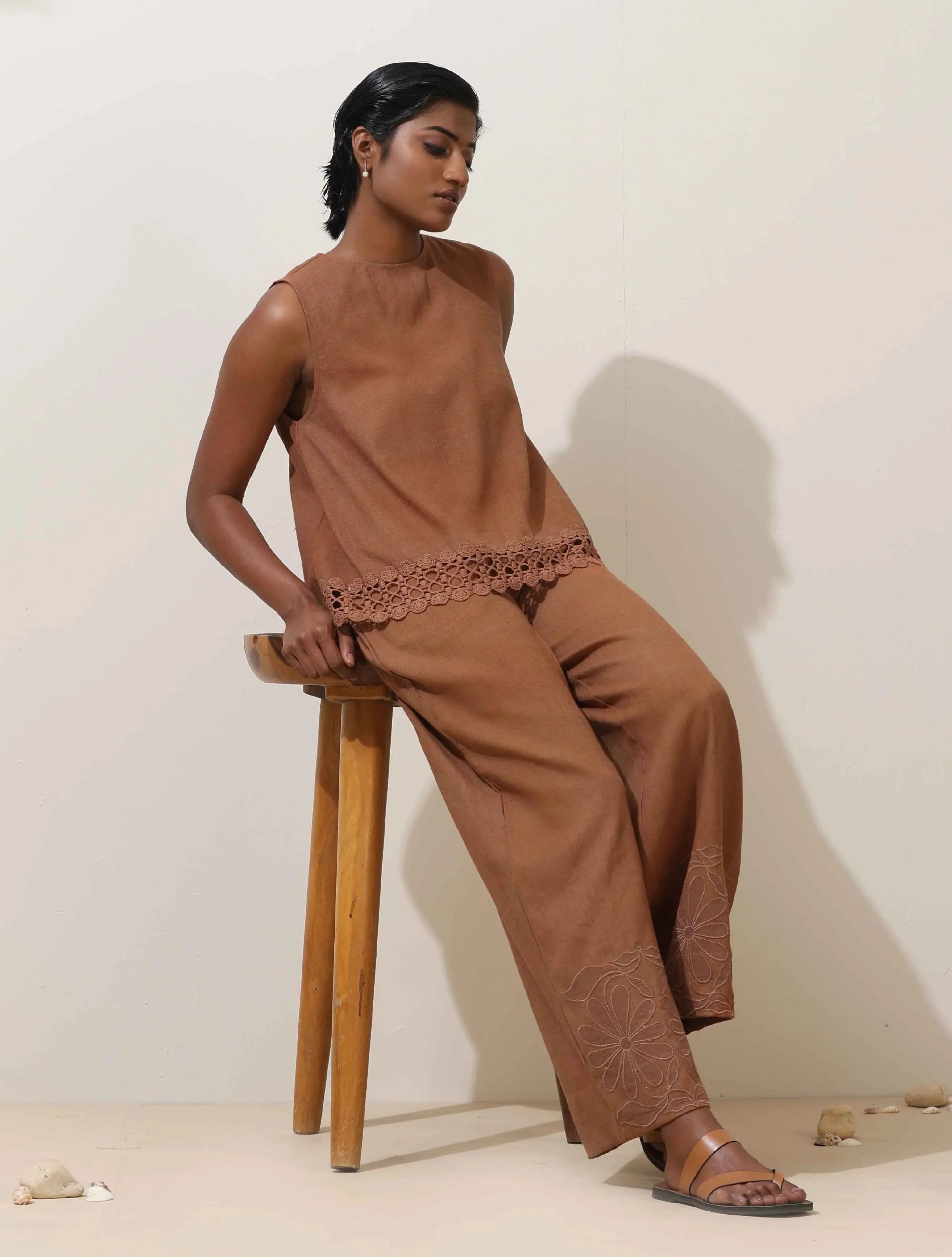 trueBrowns Oudh Brown Embroidered Natural Cotton Co-ord Set