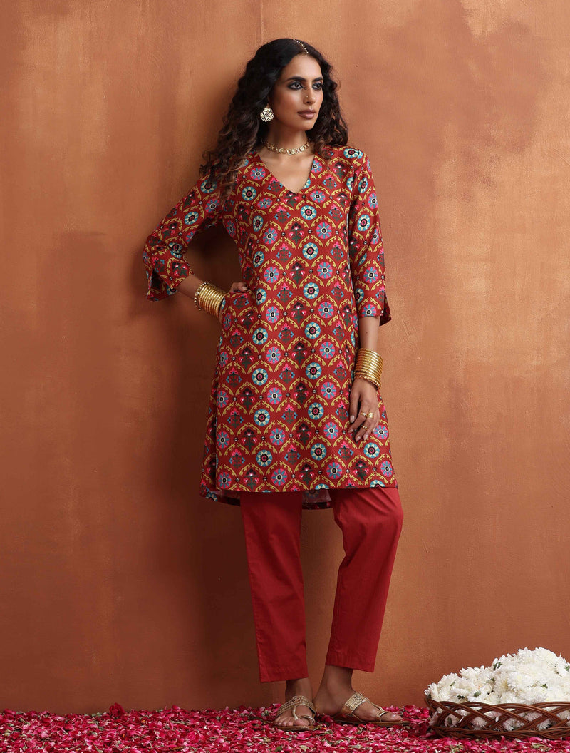 trueBrowns Rust Print Kurta Co-ord Set